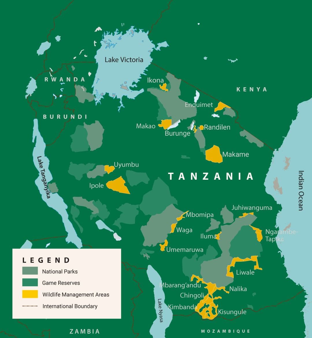 Map of Tanzania showing national parks, game reserves and Wildlife Management Areas